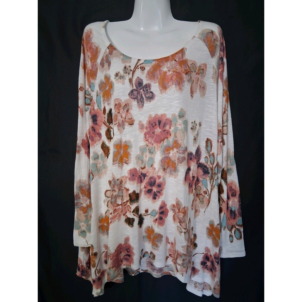 American Rag Women's Teal White Blush Pink Floral Flowy Shark Bite Hem Top, 1X